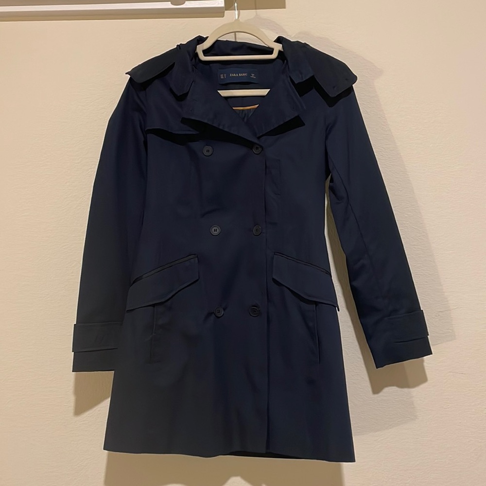 NWOT Zara Navy Hooded Trench Coat